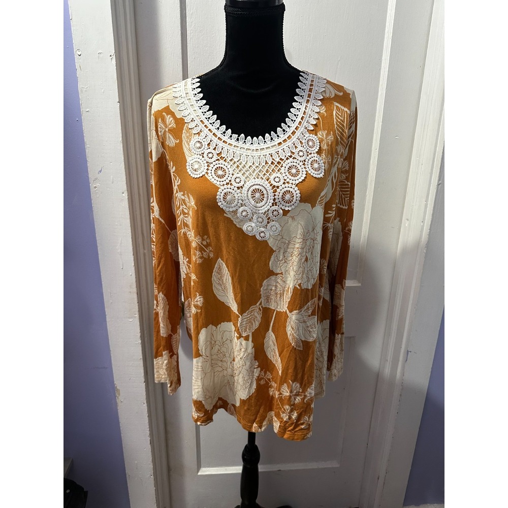 Cathy Mustard Floral Long Sleeve‎ with Lace Detail in XL